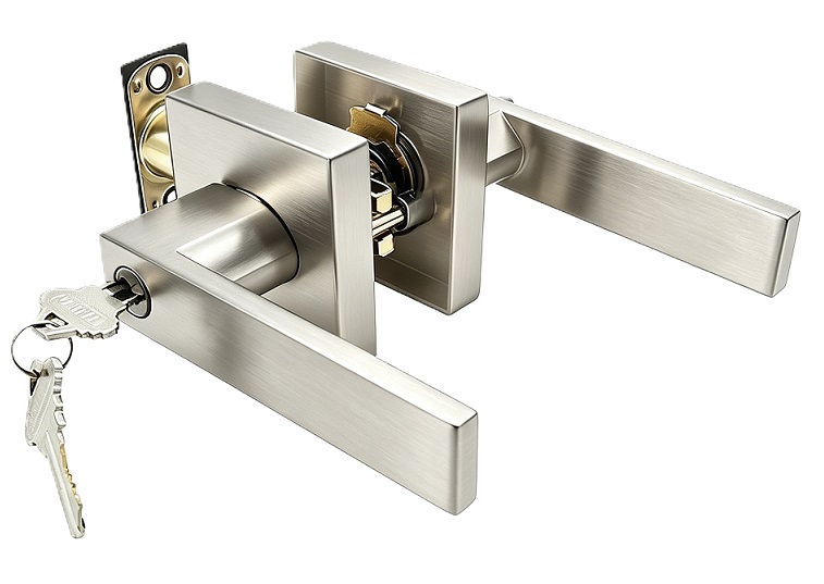 Modern Square Rosette Tubular Entry Door Lever - Satin Nickel