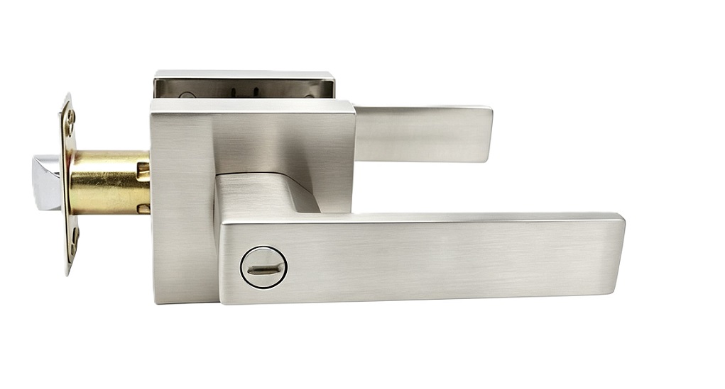 Modern Square Rosette Tubular Privacy Door Lever - Satin Nickel