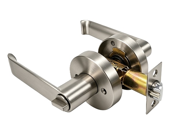 Round Rosette Keyed Entry Door Lever Internal Lock Mechanism - Satin Nickel