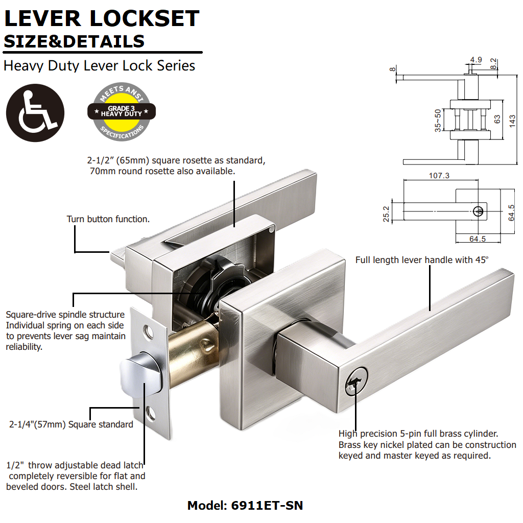 Modern Satin Nickel Square Keyed Entry Door Lever