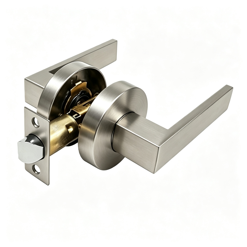 Round Rosette Square Bar Passage Door Lever Internal Mechanism - Satin Nickel