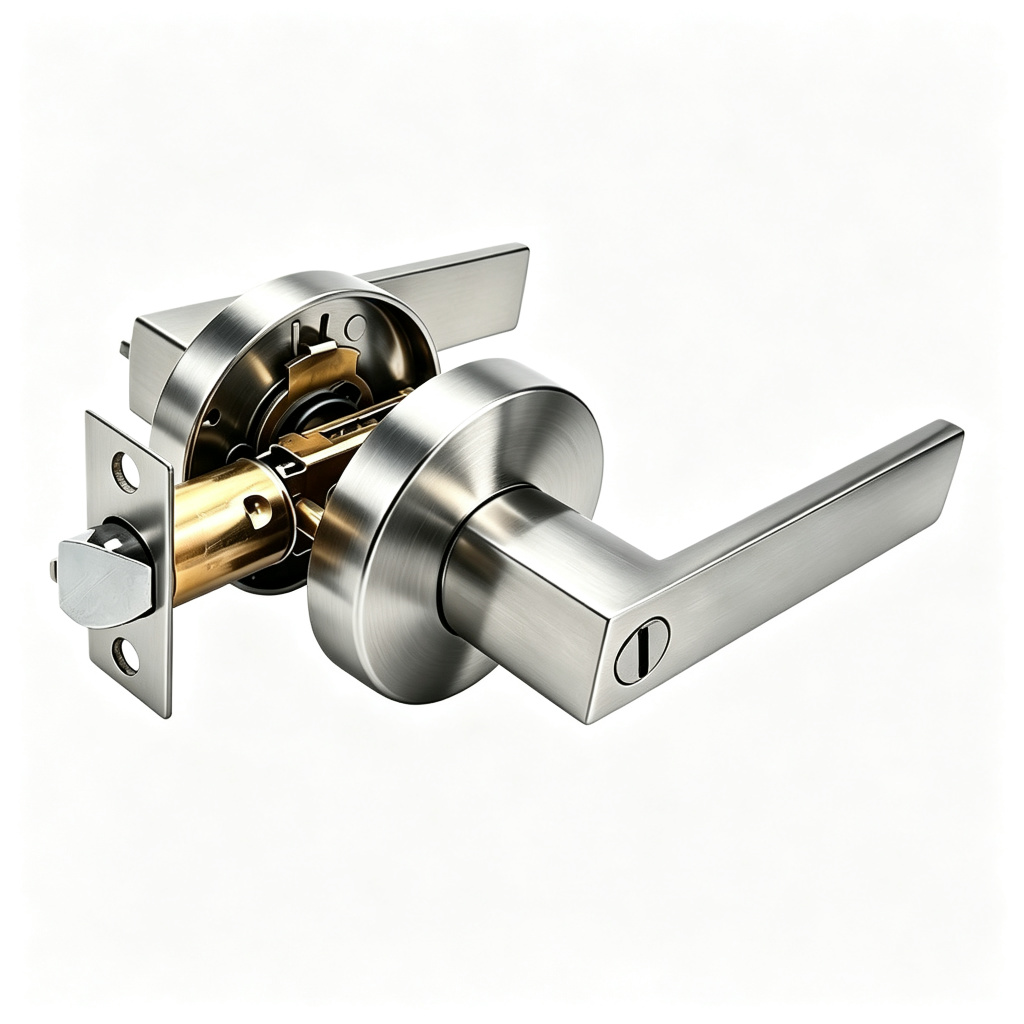 Round Rosette Square Bar Privacy Door Lever Internal Lock Mechanism - Satin Nickel Round Rosette Square Bar Privacy Door Lever Internal Lock Mechanism - Satin Nickel