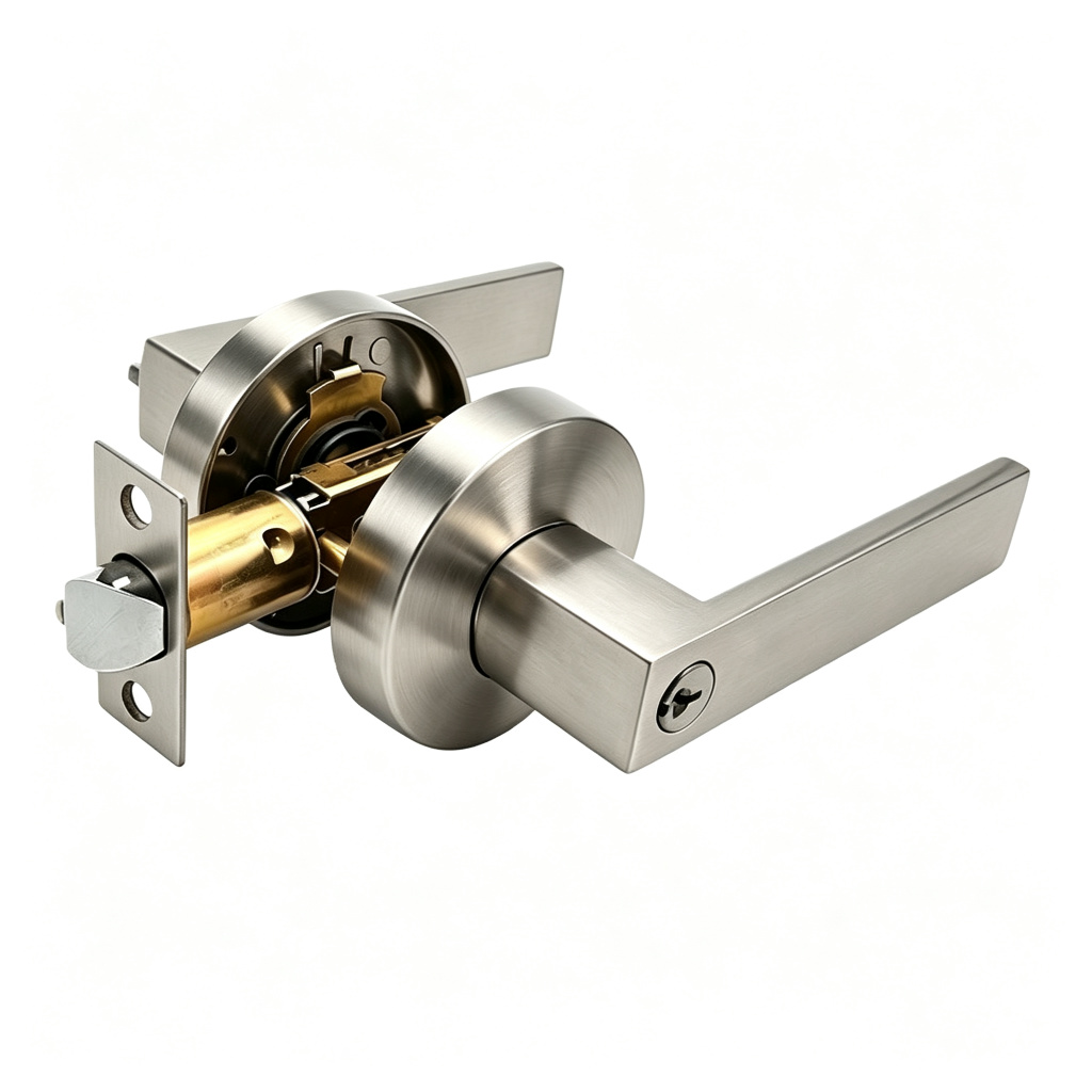 Round Rosette Square Bar Keyed Entry Door Lever Internal Lock Mechanism - Satin Nickel Round Rosette Square Bar Keyed Entry Door Lever Internal Lock Mechanism - Satin Nickel