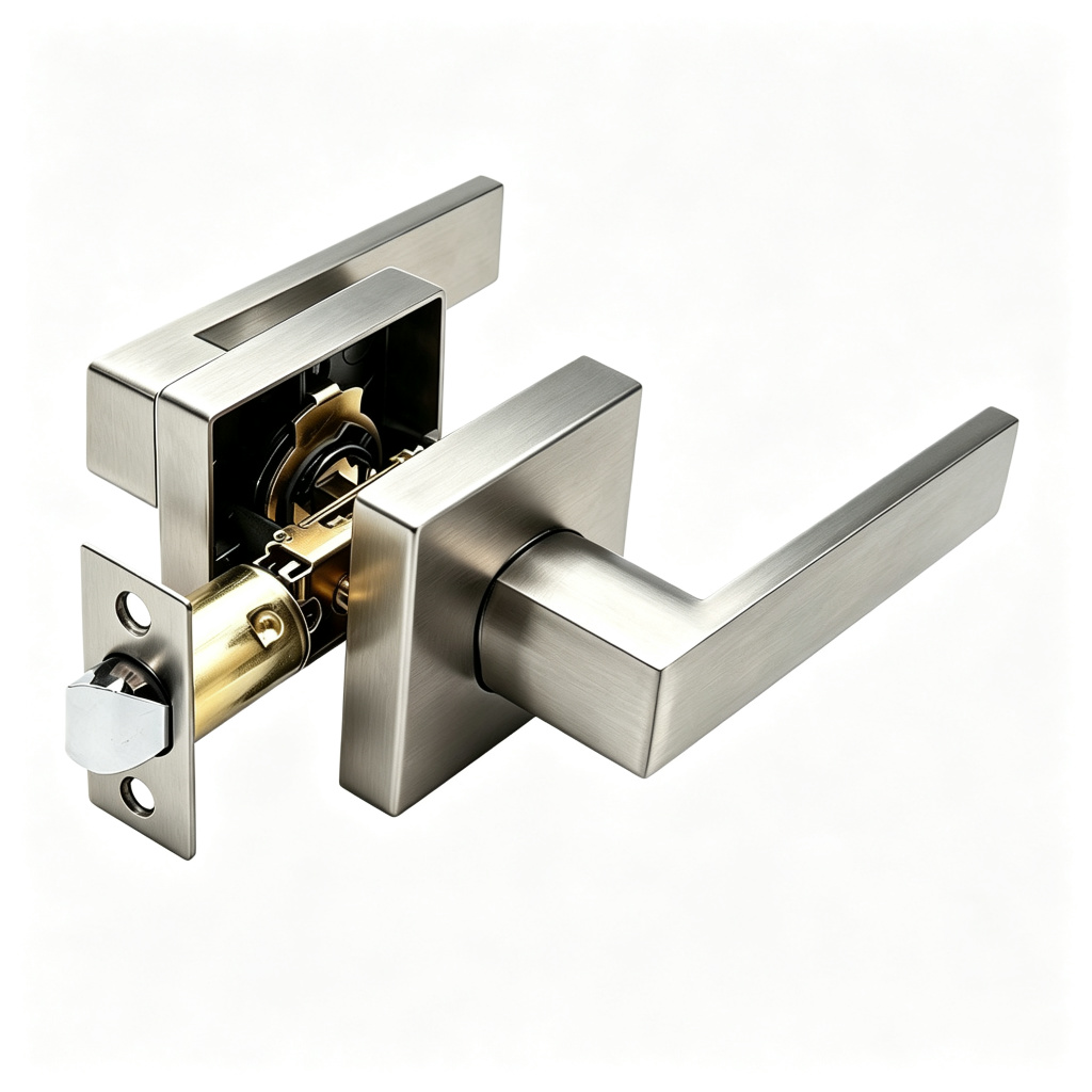 Square Rosette Tubular Passage Door Lever Internal Lock Mechanism - Satin Nickel Square Rosette Tubular Passage Door Lever Internal Lock Mechanism - Satin Nickel