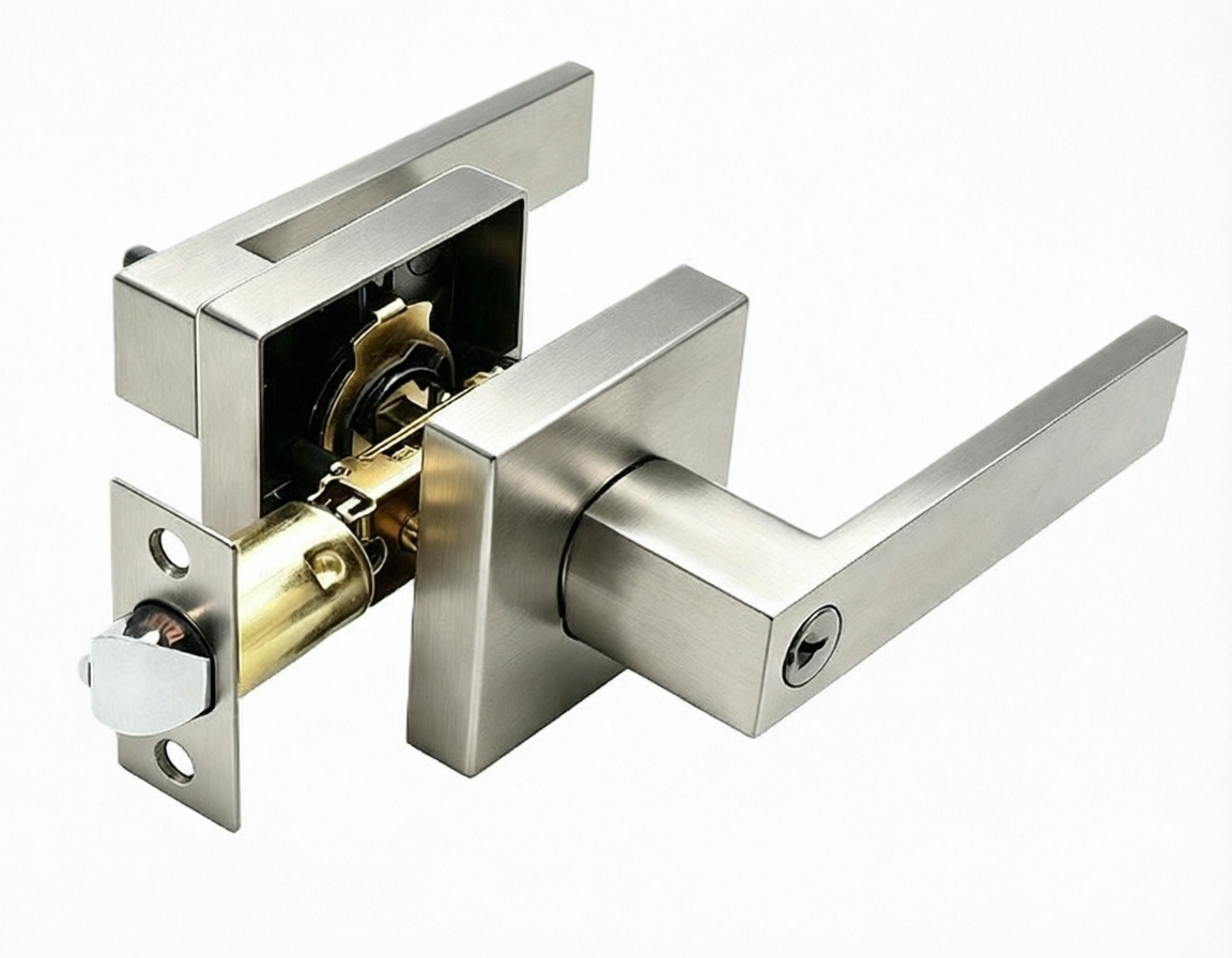 Modern Satin Nickel Square Keyed Entry Door Lever Lock Set, Reversible Heavy Duty Zinc Alloy Exterior Door Handle with Brass Latch
