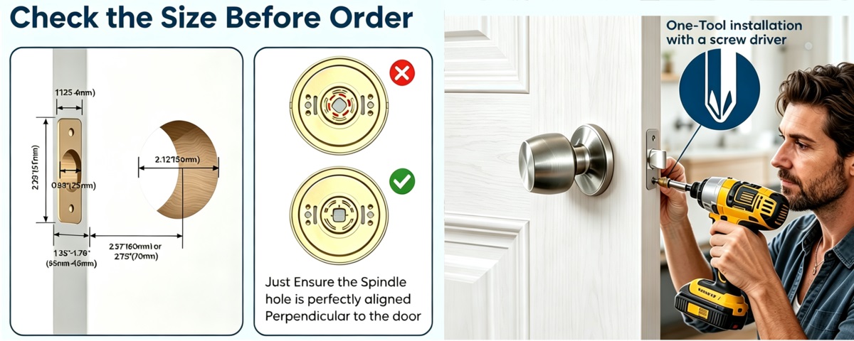 Full dimension installation drawing for residential tubular entry door knob lockset