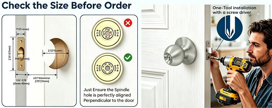 Full dimension installation drawing for residential tubular entry door knob lockset