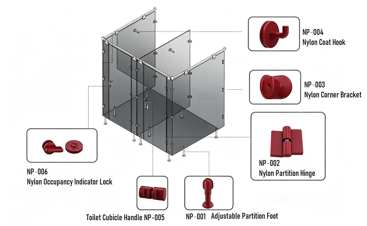 NP‑Series complete washroom partition nylon hardware kit overview, toilet cubicle nylon fittings set